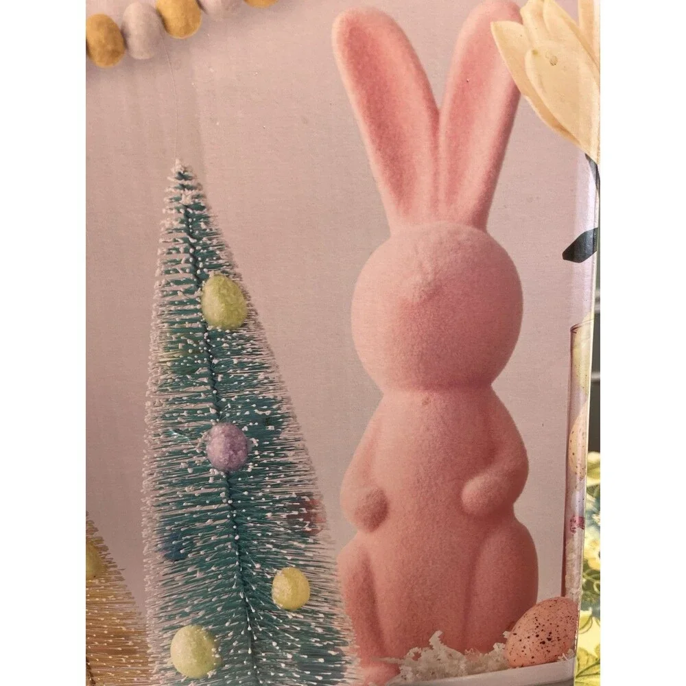 2 Flocked Bunnies Rabbits And 3 Bottlebrush Trees w Egg 5pc Easter Spring Decor